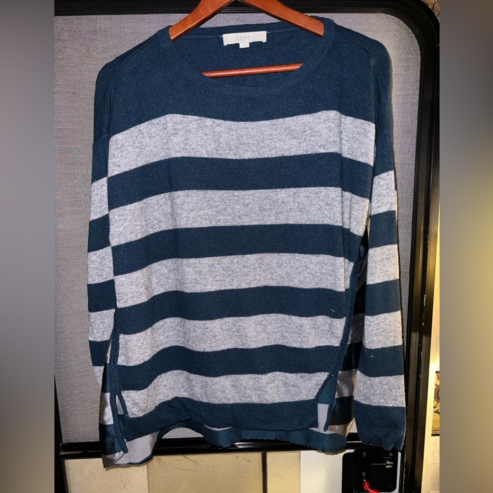 LOFT Women’s Crewneck Sweater in Blue and Gray Stripes